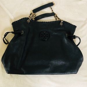 Black Tory Burch Tote with gold links and leather handles. Great used condition